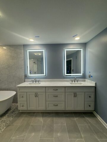 Gray shaker double vanity with quartz countertop in Virginia Beach Virginia