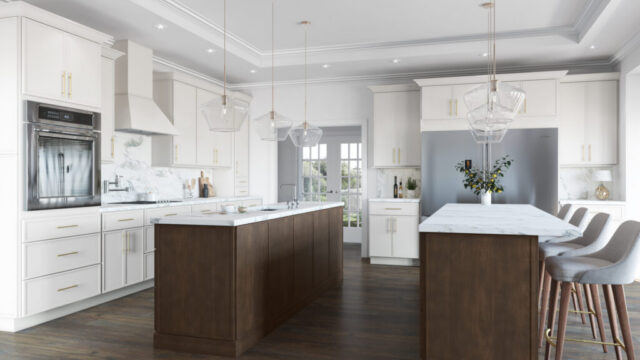 Modern two tone kitchen with white and dark wood cabinets inspiration