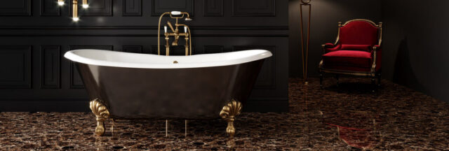 Luxury bathroom with dark emperador marble and freestanding tub inspiration