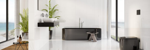 Contemporary all white bathroom with modern soaking tub inspiration