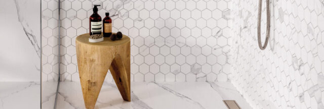White hexagon mosaic tile backsplash and bathroom accent inspiration