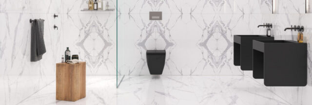Modern marble shower with floating vanity and contemporary bathroom inspiration