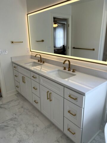 White shaker vanity with quartz countertop in Chesapeake VA bathroom renovation