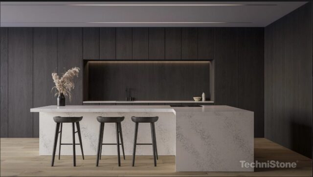 Contemporary dark kitchen design with island and bar stools inspiration