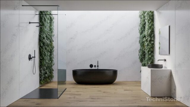 Modern bathroom with black vessel sink and natural stone wall inspiration